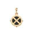 Back of onyx fox pendant shows gold setting and features the word PROTECT