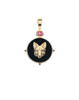 Onyx disc pendant set in gold with gold fox face and pink tourmaline accent on the bail