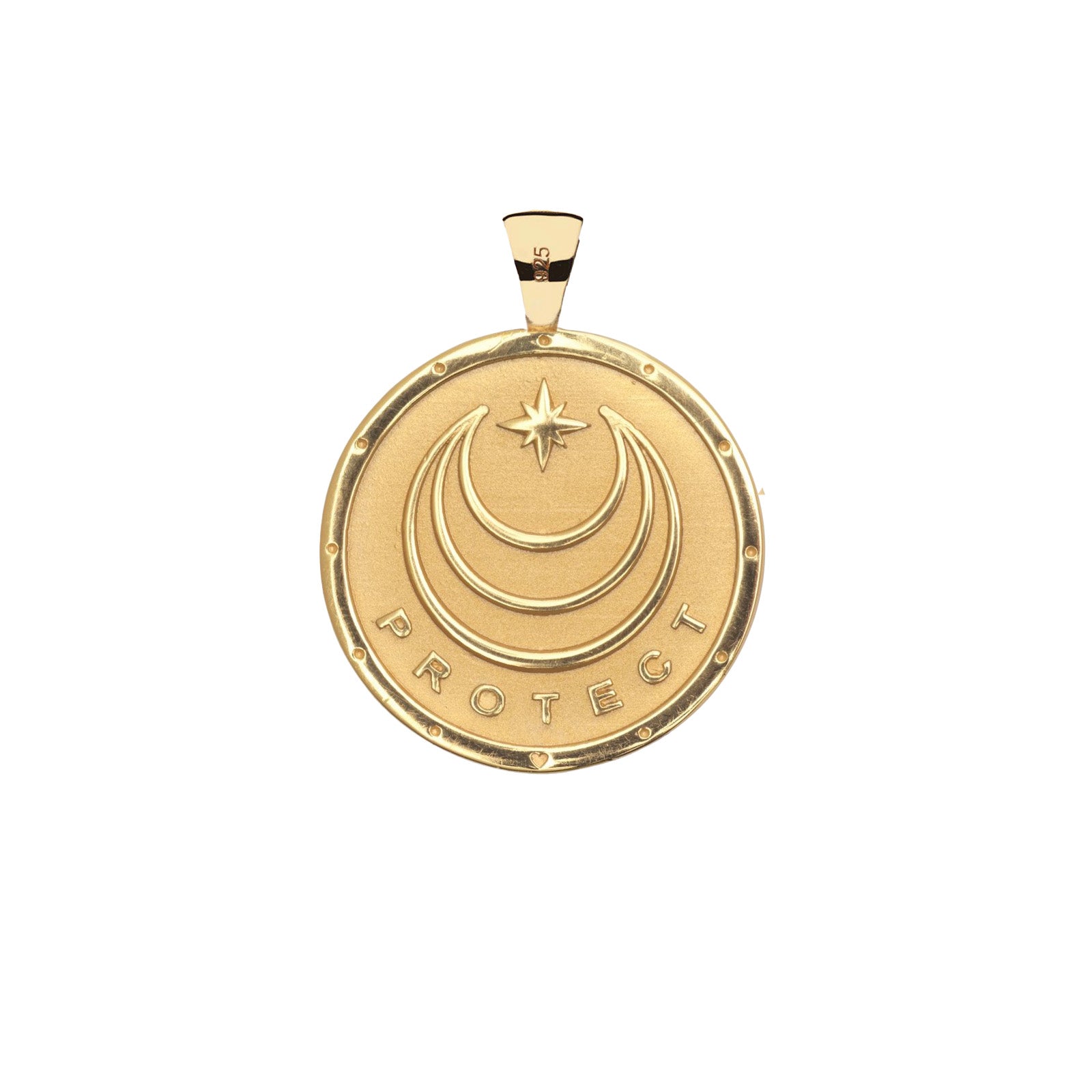 Gold Coin Pendant with Jane Win moon and star logo and word PROTECT underneath