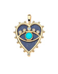 Gold heart pendant with lapis stone inlay. Features gold evil eye with turquoise center and rainbow moonstones along the top.