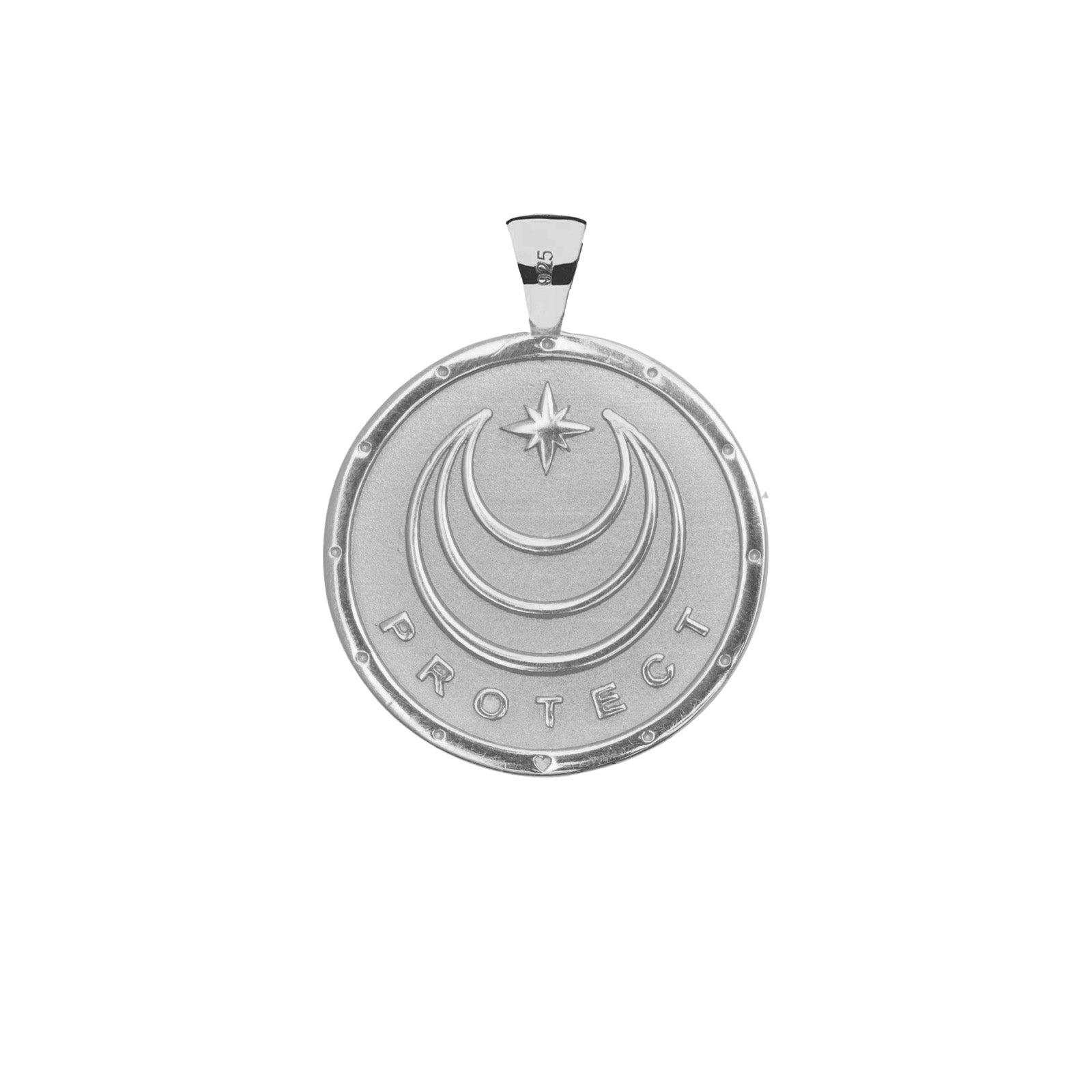 Silver Coin Pendant with Jane Win moon and star logo and word PROTECT underneath