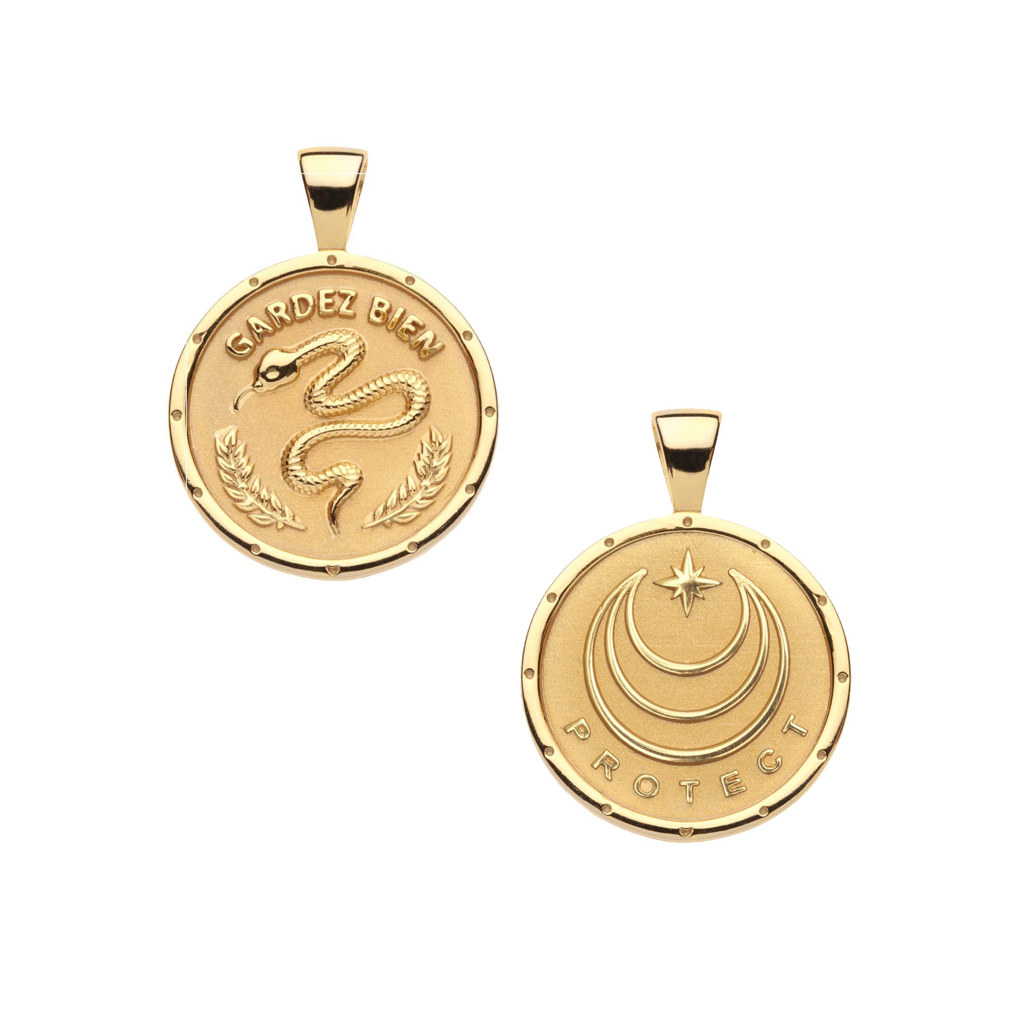 Gold Small PROTECT Coin Pendant Shown Front and Back