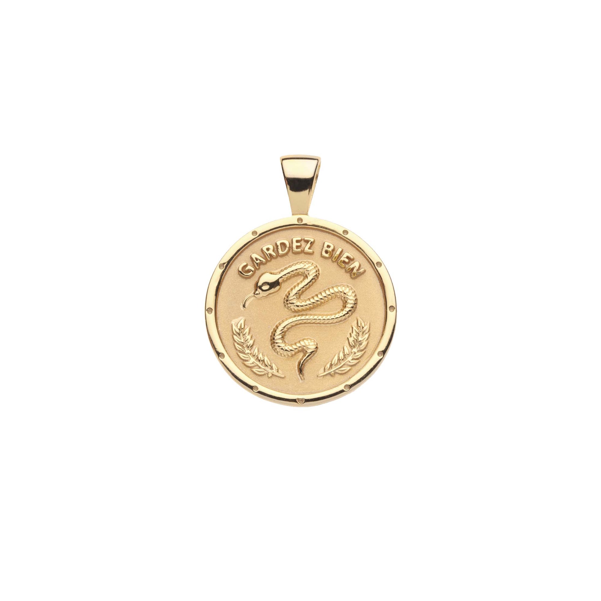 Gold Coin Pendant with Snake and French Gardez Bien (translation Guard Well)