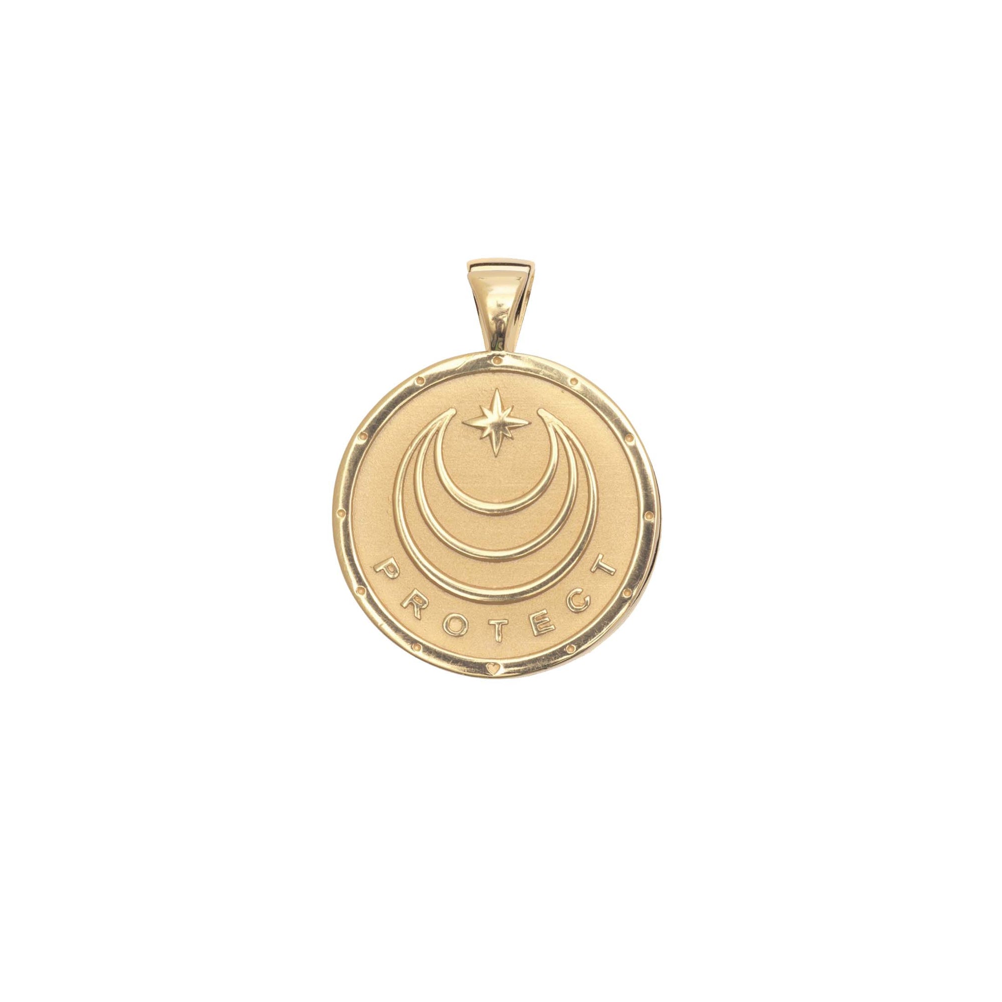 Gold Coin Pendant with Jane Win moon and star logo and word PROTECT underneath