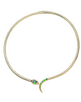 Gold neck with snake design featuring green diopside stones on the head and tail