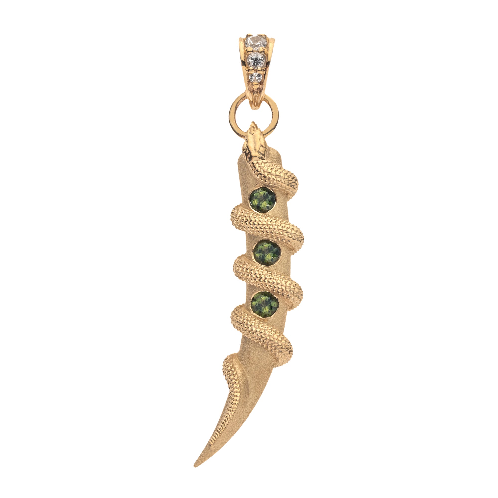 Gold tusk pendant with snake wrapped around it, featuring 3 green tourmaline stones and white sapphire detail on the bail
