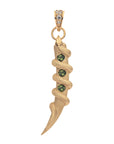 Gold tusk pendant with snake wrapped around it, featuring 3 green tourmaline stones and white sapphire detail on the bail