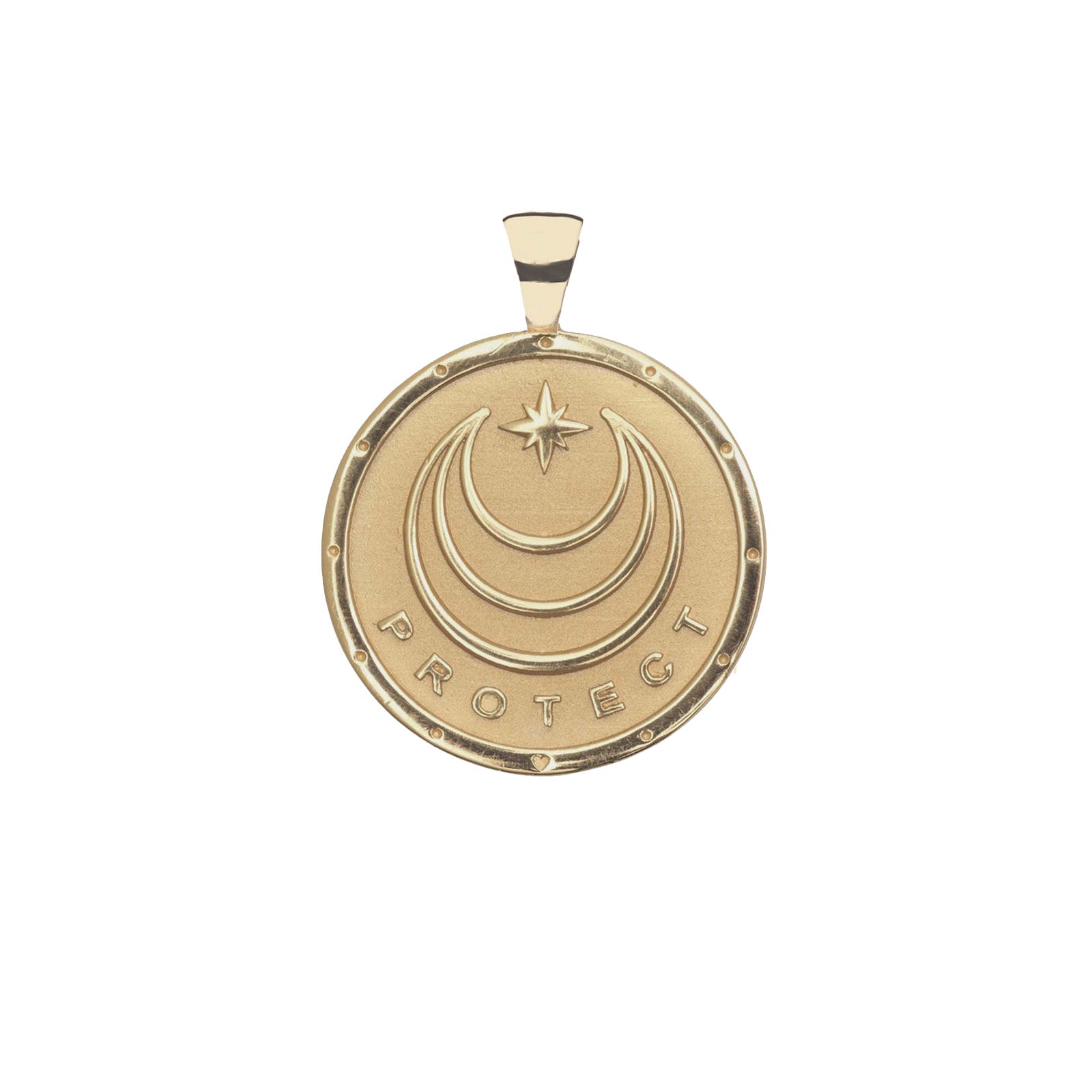 Gold Coin Pendant with Jane Win moon and star logo and word PROTECT underneath
