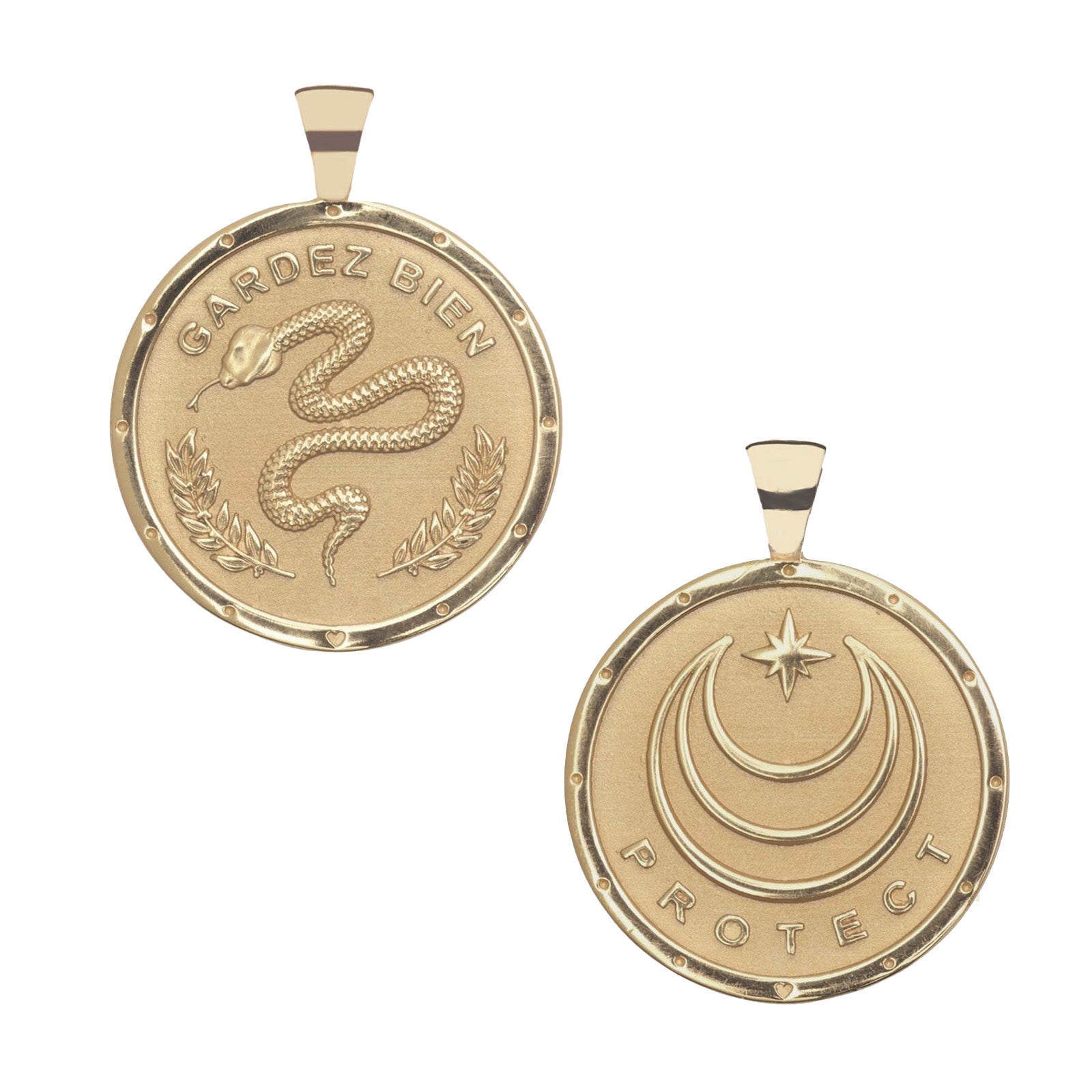 Gold PROTECT Coin Pendant Shown Front and Back