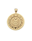 Back of gold coin pendant features sun motif, moon and star logo, and the word PROTECT