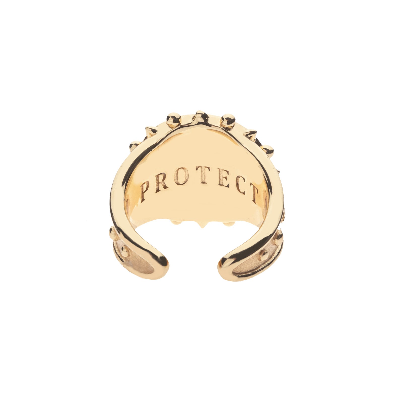 Inside of gold watchful eye ring features the word PROTECT
