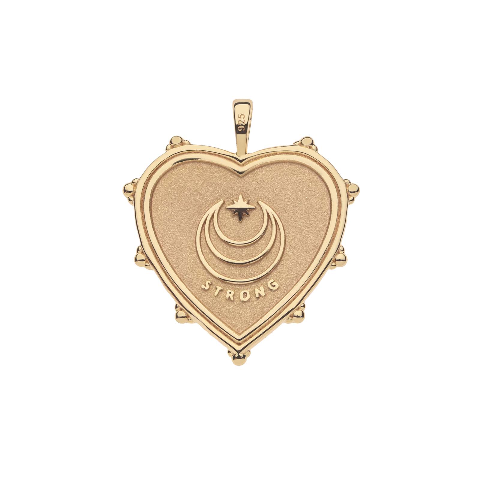 Gold heart pendant with moon and star logo and the word STRONG underneath (back)