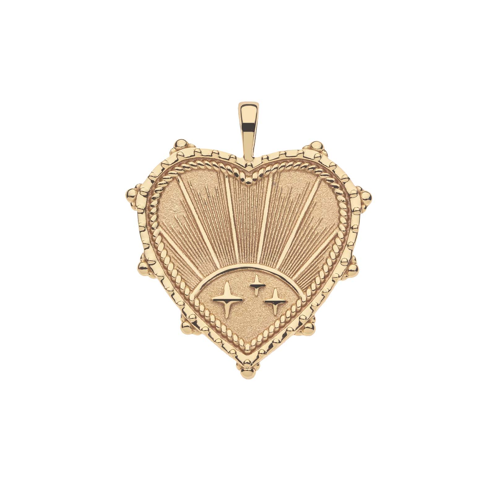 Gold heart pendant with sun illustration and star details