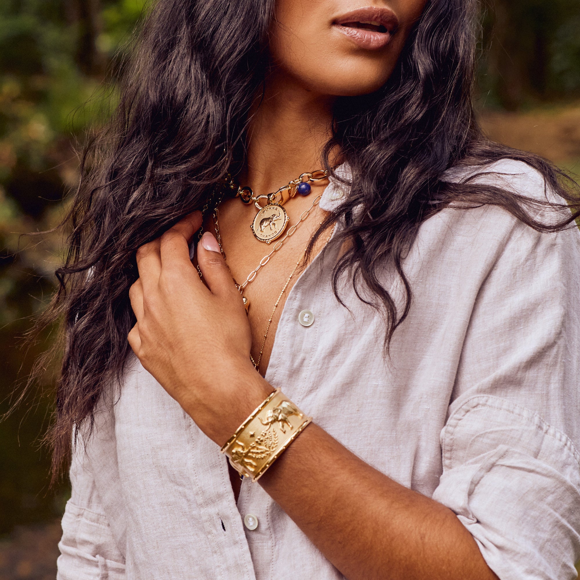 Model wearing bonne chance elephant cuff