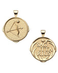 Gold small Sagittarius coin pendant featuring a bow and arrow and star on one side and the word "Sagittarius" on the other side