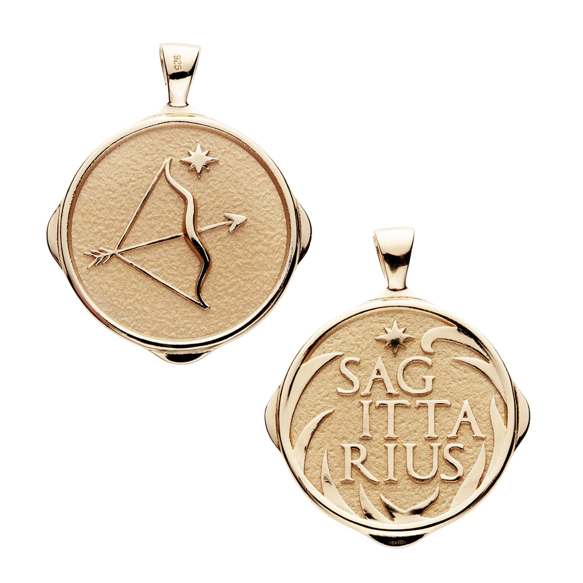 Gold original Sagittarius coin pendant featuring a bow and arrow and star on one side and the word "Sagittarius" on the other side