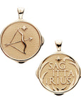 Gold original Sagittarius coin pendant featuring a bow and arrow and star on one side and the word "Sagittarius" on the other side