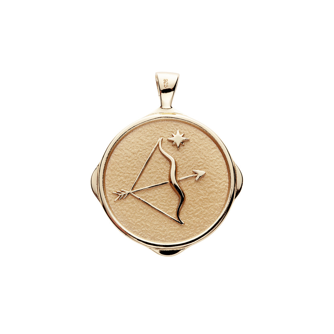Gold original Sagittarius coin pendant featuring a bow and arrow and star