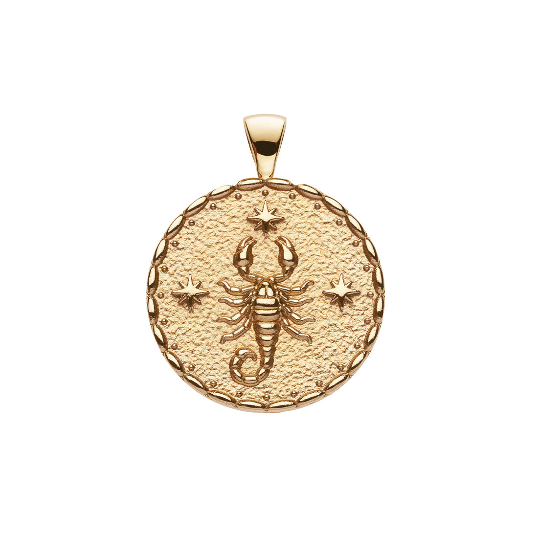 Gold original Scorpio coin pendant featuring a scorpion and three stars