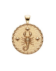 Gold original Scorpio coin pendant featuring a scorpion and three stars