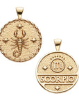 Gold original Scorpio coin pendant featuring a scorpion and three stars on one side and the word "Scorpio" on the other with the Scorpio symbol and three stars