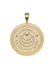 Back of gold coin pendant features moon and star logo, heart details, and "JANE WIN X LA VIE STYLE HOUSE"