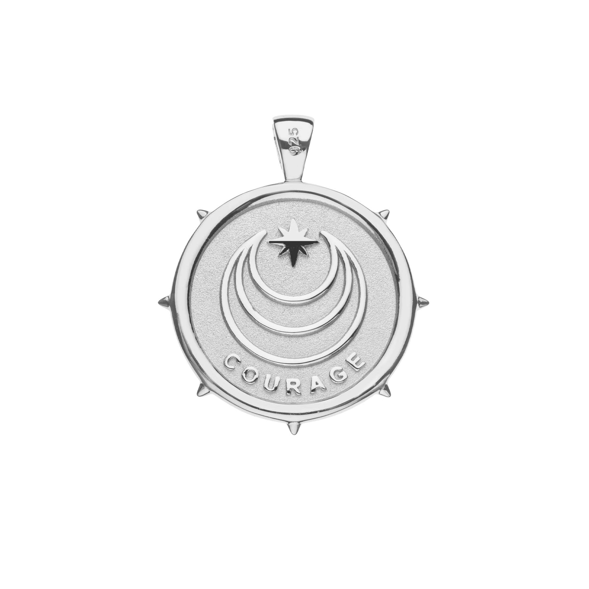 Silver Coin Pendant with Jane Win moon and star logo and word COURAGE underneath