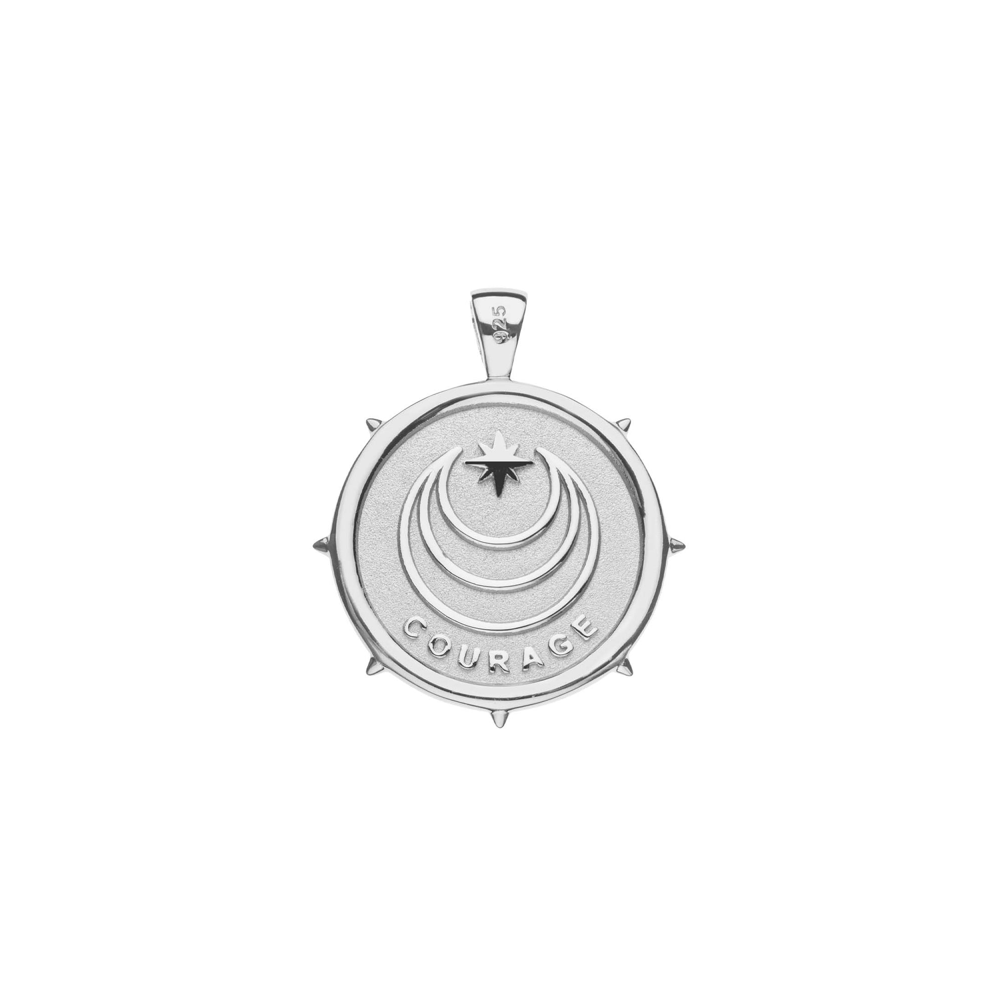 Silver Small Coin Pendant with Jane Win moon and star logo and word COURAGE underneath