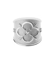 Silver cigar band ring with quatrefoil design featuring arrows and a heart