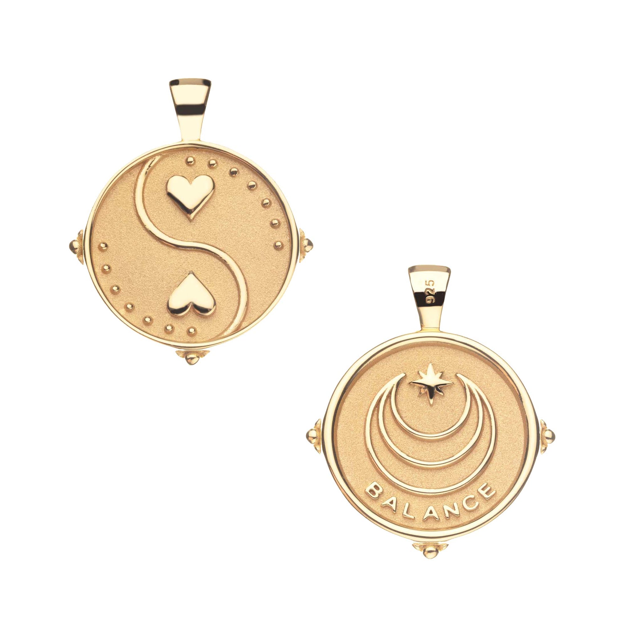 Gold Coin with Yin and yang of hearts (Front), Moon and Star Logo with word BALANCE beneath (back)