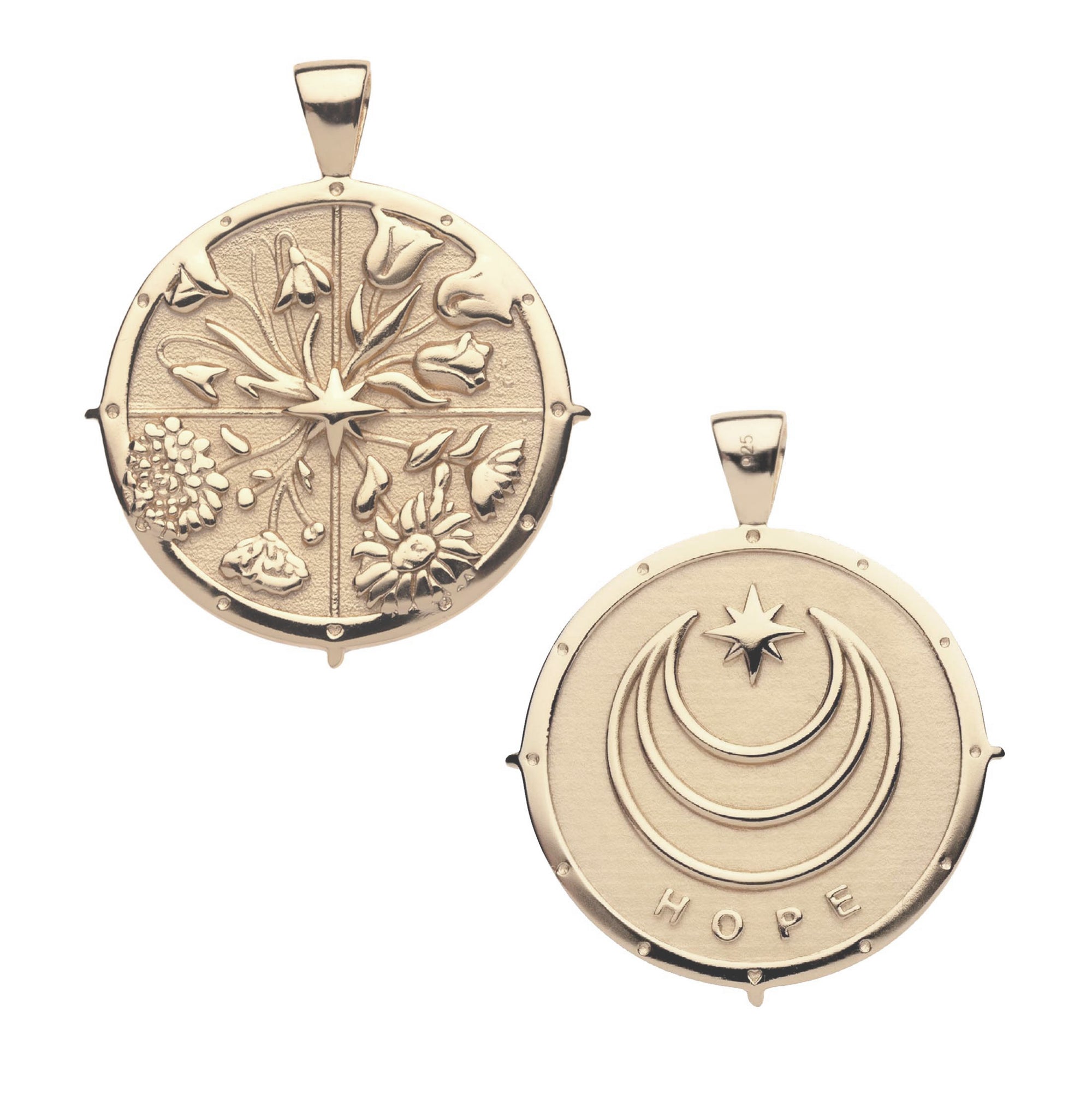 Gold Coin Pendant with four floral designs in each quadrant (front) and moon and star logo and word HOPE underneath (back)