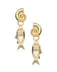 Gold earrings feature spiral shell stud and fish drop that has blue topaz eye and mother of pearl heart inlay on the body
