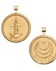 Gold Coin Pendant with Anchor, rope, and hidden starfish illustrations (front) and Gold Coin Pendant with Jane Win moon and star logo and word Strong (back)