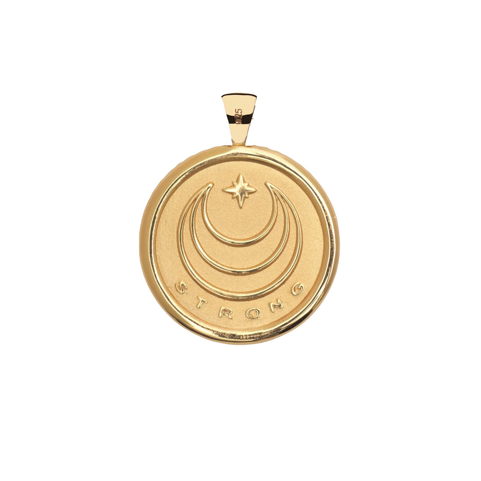 Gold Coin Pendant with Jane Win moon and star logo and word Strong underneath