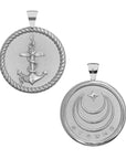 Silver Coin Pendant with Anchor, rope, and hidden starfish illustrations (front) and Silver Coin Pendant with Jane Win moon and star logo and word Strong (back)