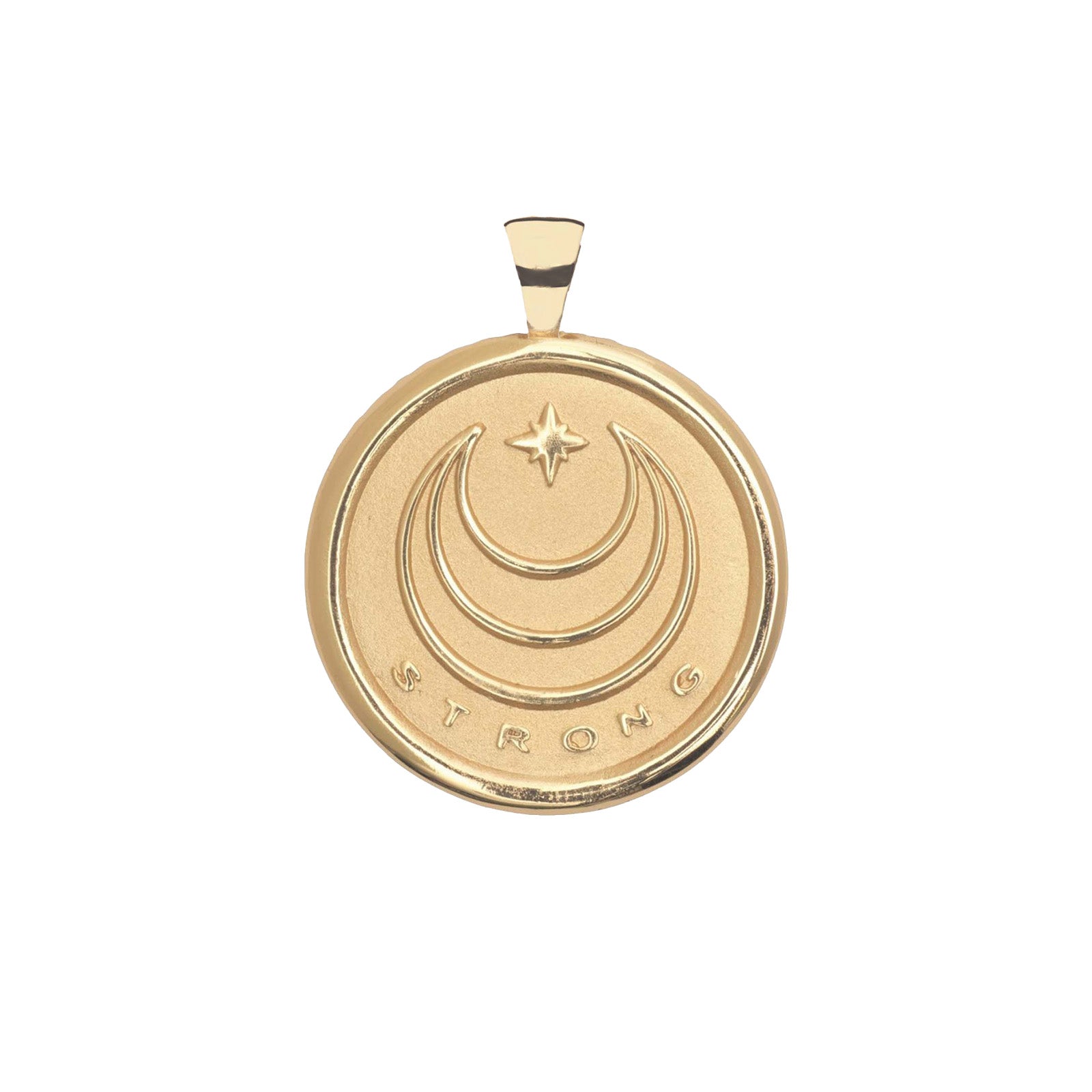 Gold Coin Pendant with Jane Win moon and star logo and word Strong underneath