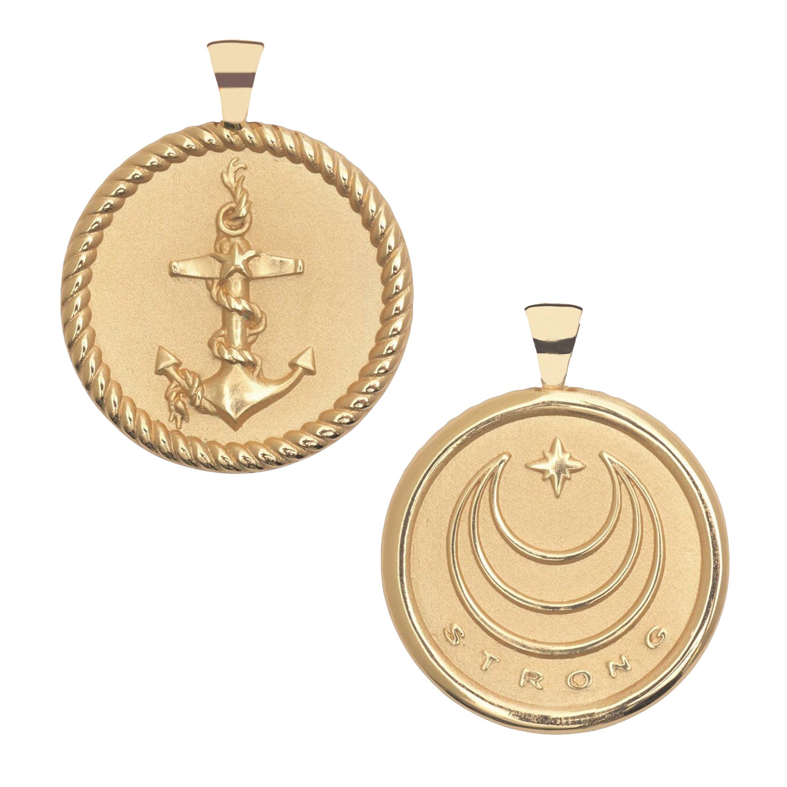 Gold Coin Pendant with Anchor, rope, and hidden starfish illustrations (front) and Gold Coin Pendant with Jane Win moon and star logo and word Strong (back)