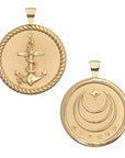 Gold Coin Pendant with Anchor, rope, and hidden starfish illustrations (front) and Gold Coin Pendant with Jane Win moon and star logo and word Strong (back)