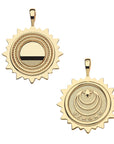 Front and back of strong apollo pendant. Back of pendant features moon star logo and the word STRONG
