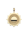Gold sun pendant featuring shiny domed center and textured border