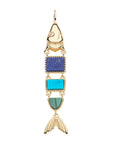 Gold fish pendant with body sectioned into 3 parts to feature lapis, turquoise, and malachite stones
