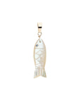 Carved mother of pearl fish pendant with blue sapphire eye and gold bail