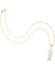 Carved fish pendant on 14 karat beaded satellite chain