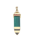 Sun ray pendant made of carved malachite slab with pointed gold tip and gold cap and bail with pink tourmaline details