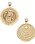 Front and back of strong circling koi fish coin pendant. Back features Jane Win moon and star logo with the word STRONG.