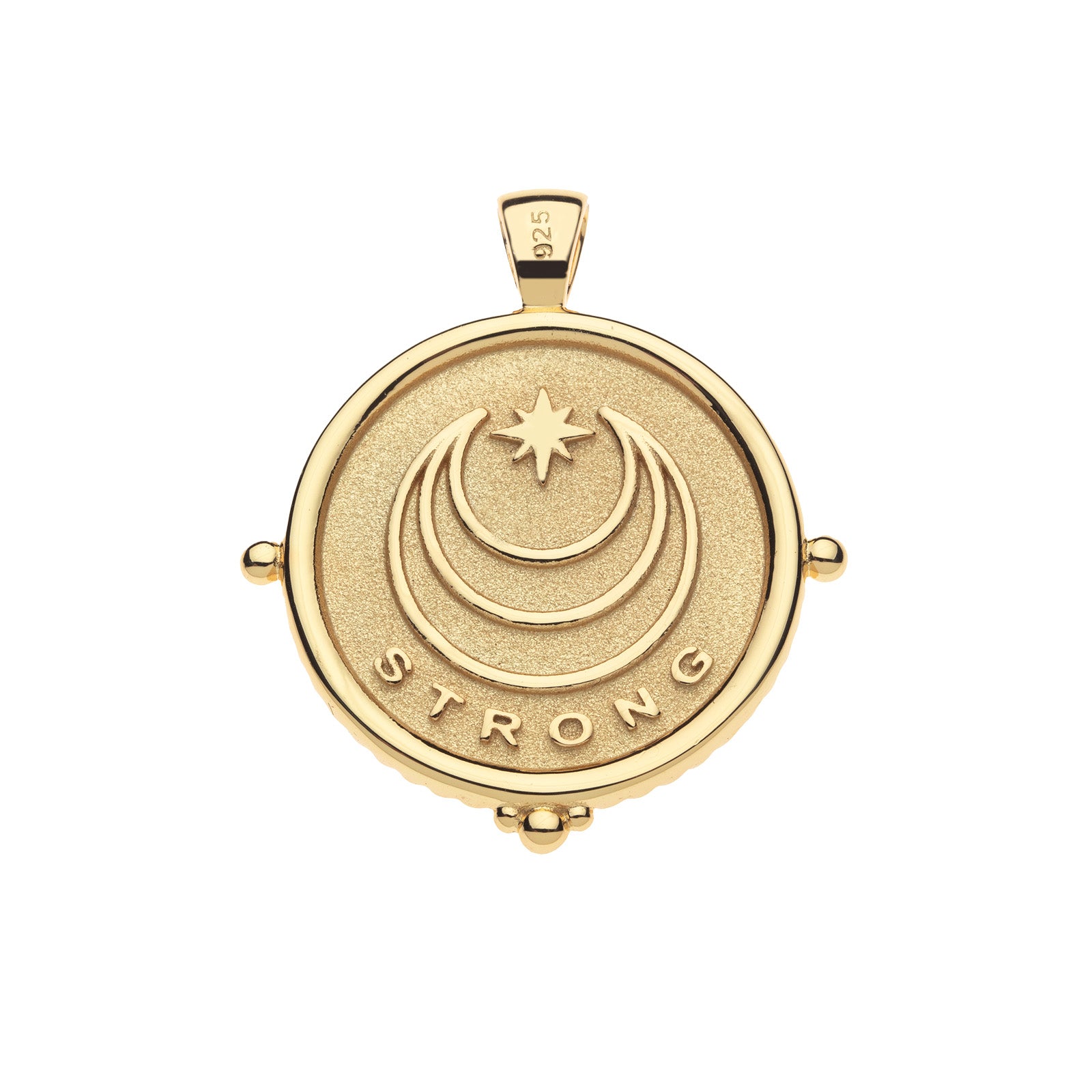Back of gold coin pendant features moon and star logo and the word STRONG
