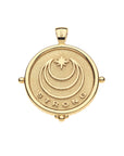 Back of gold coin pendant features moon and star logo and the word STRONG