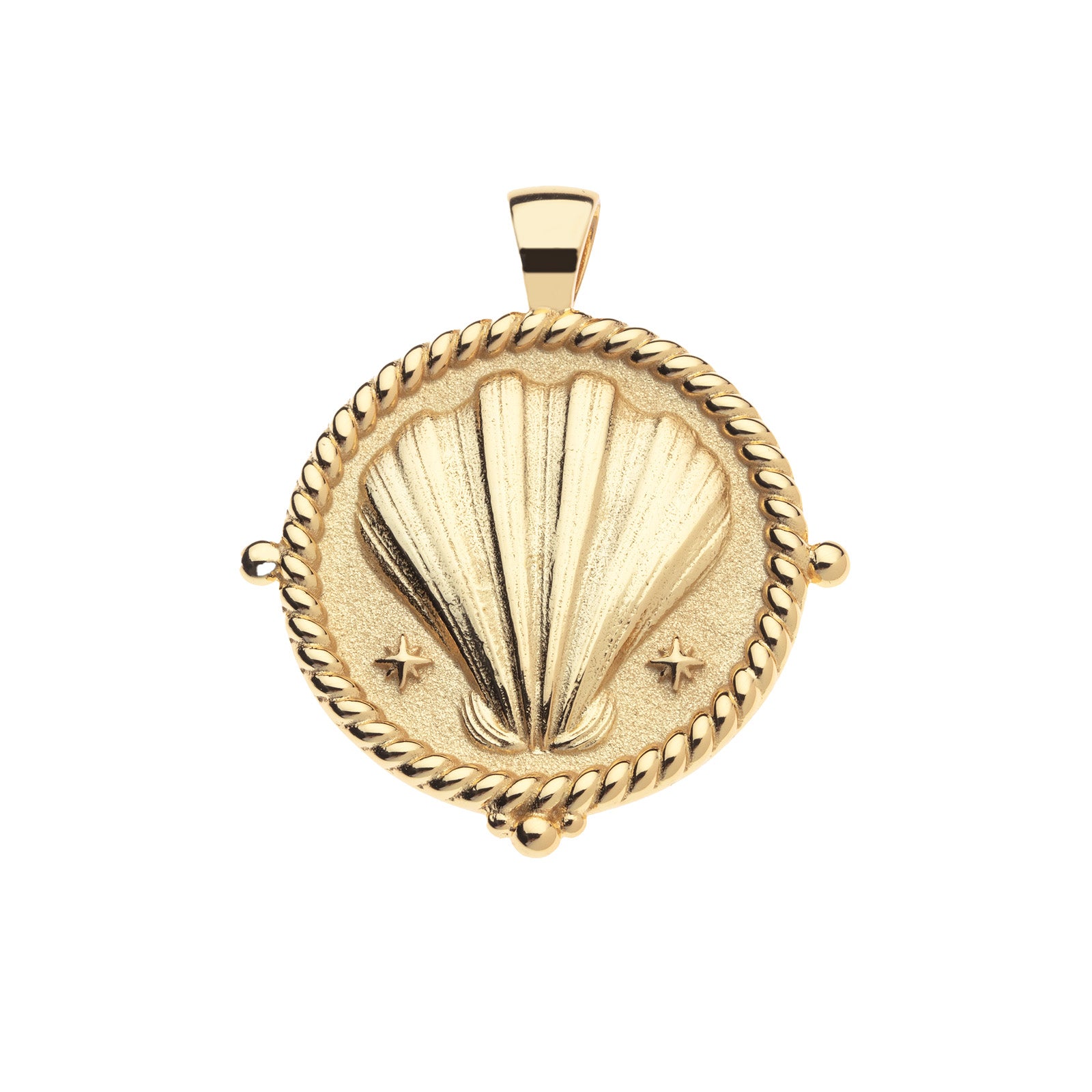 Gold coin pendant featuring clamshell, two stars, and rope detail along the edge