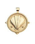 Gold coin pendant featuring clamshell, two stars, and rope detail along the edge