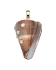 Brown cone shell pendant featuring mother of pearl cabochons in gold setting